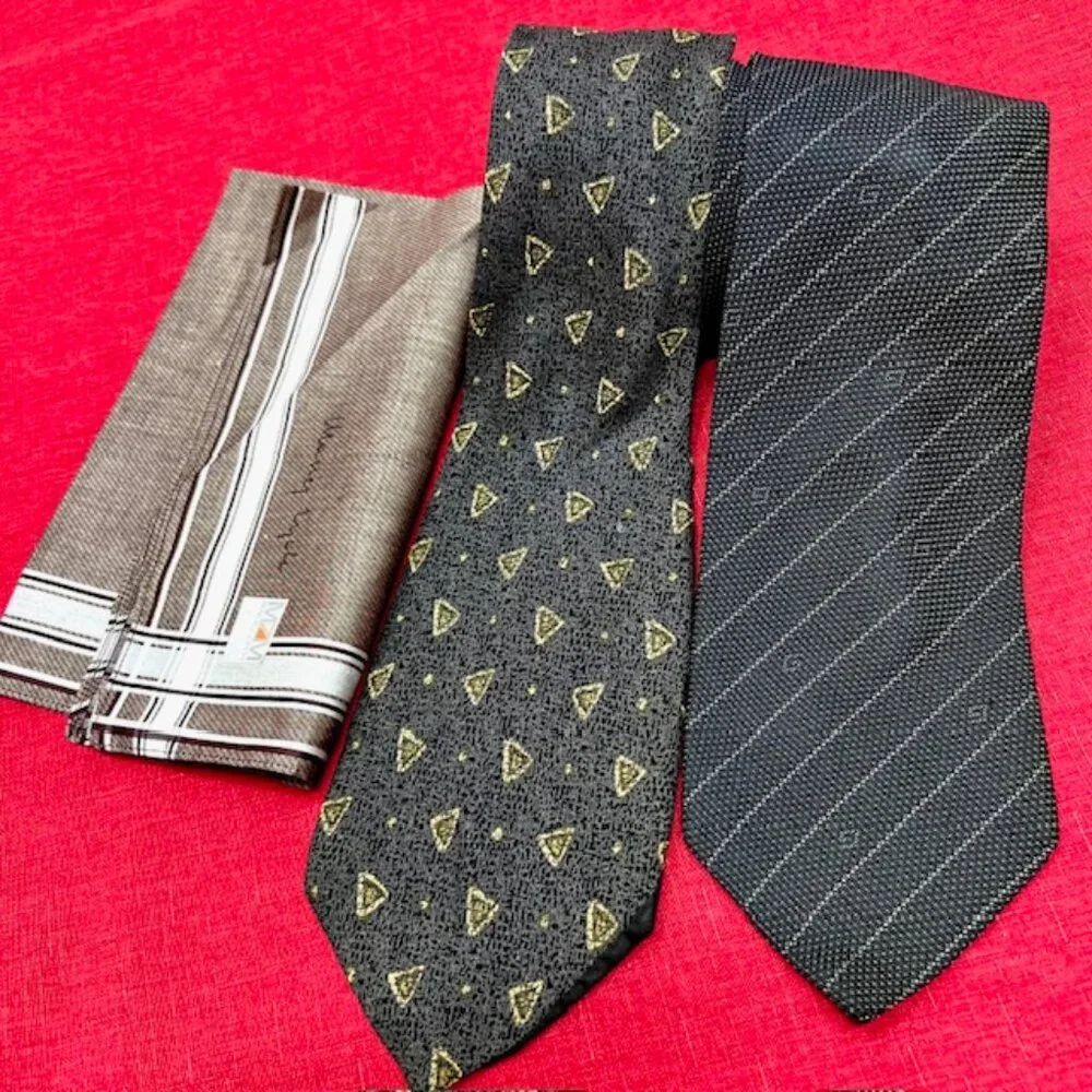 2 Neckties 100% Silk:: 1 Gucci & PAOL-O ROMANO+ 1 MZM Handkerchierf 19
